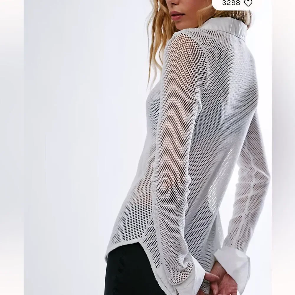 Free People White Siggi Open Knit Button Down Shirt Top Small